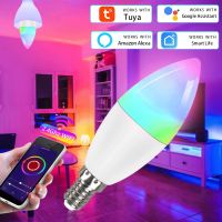 [HOT QQZIWWUJJWG 104] Tuya Smart Wifi หลอดไฟ LED E14 Alexa โคมไฟ RGB WW CW หรี่แสงได้5W 7W 9W แสงเทียนสำหรับ Home Voice Control ทำงานร่วมกับ Google Home