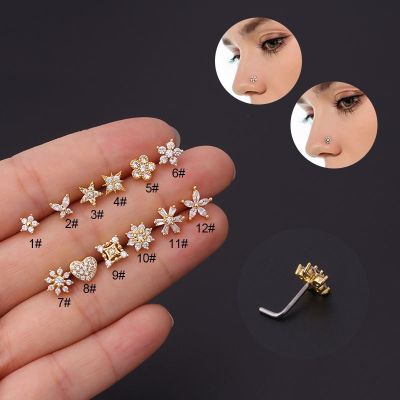 1Pc 20G Stainless Steel CZ Bone Nose Stud Piercing Creative Flower Heart Star L Shape Nose Ring Stud Nose Body Piering Jewelry