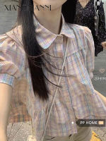 XIANG NIAN NI เสื้อเชิ้ตลายสก๊อตคอตุ๊กตาน่ารักทรงหลวมเสื้อฝรั่งเศสแขนพอง