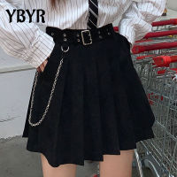 Harajuku Punk Pleated Skirts Women Gothic Black High Waist Sexy Dance Mini Skirt With Belt Chain Female Streetwear Summer