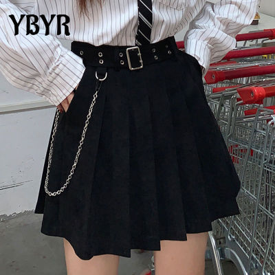 Harajuku Punk Pleated Skirts Women Gothic Black High Waist y Dance Mini Skirt With Belt Chain Female Streetwear Summer