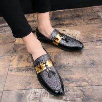 Men Party Flats Black Golden Formal Patchwork Tassel Leather Casuals Shoe Handmade Wedding Men Loafers Moccasins Dress Shoes