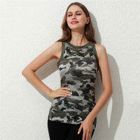 Chloeh Hornbye Shop ฤดูร้อนแฟชั่นผู้หญิงเสื้อเด็กแขนกุดเข้ารูปพอดี Camouflage พิมพ์เสื้อรอบคอเสื้อกล้ามลำลองเสื้อยืด