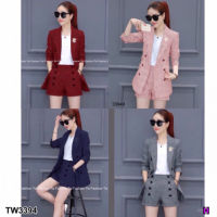 B3394 เซทสูทแขนยาวผ้าทอ กางเกงแต่งกระดุม Woven long sleeve suit Button-down pants