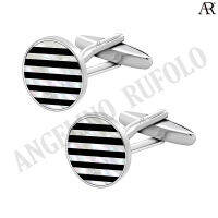 ANGELINO RUFOLO Cufflink(คัฟลิงค์) ดีไซน์ Stripes Circle กระดุมข้อมือคัฟลิ้งโรเดียมคุณภาพเยี่ยม ตัวเรือนสีเงิน ประดับตกแต่งด้วย White Pearl / Black Onyx