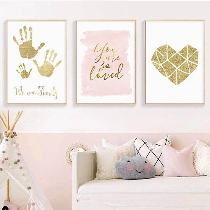 บทคัดย่อ-golden-family-nursery-quote-art-โปสเตอร์ผ้าใบหัวใจเรขาคณิต-perfect-wall-decor-สำหรับห้องนั่งเล่น