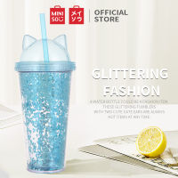 MINISO แก้วน้ำหูแมวทรงสูงพร้อมหลอด Cat Ears Glittery Tumbler 420 ml ขวดน้ำ ขวดสำหรับใส่ของเหลวสำหรับพกพา