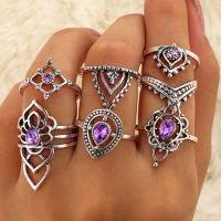 7 ชิ้น/เซ็ต Boho VINTAGE Silver คริสตัลสีย้อมม่วง MIDI เหนือข้อแหวนเครื่องประดับ