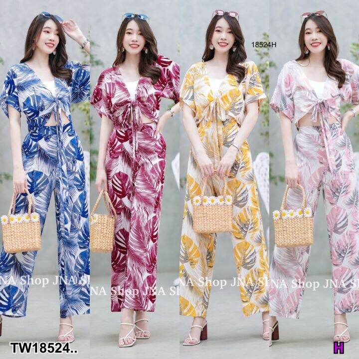 tw18524-set-2-ชิ้น-เสื้อผูกโบว์หน้าลายใบไม้-กางเกงลายใบไม้ขายาว