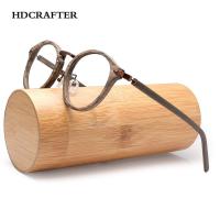 กรอบแว่นสายตา HDCRAFTER สำหรับผู้ชายและย้อนยุคสำหรับผู้หญิงกรอบแว่นสายตาลายไม้ทรงกลมพร้อมเลนส์ใส