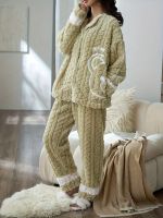 geegostudio Teddy Bear Fuzzy Pajama Set, Long Sleeve Buttons Top &amp; Elastic Waistband Pants, Womens Sleepwear &amp; Loungewear