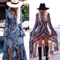 (Hot clothes)  ผู้หญิงชุดฤดูร้อน Boho สไตล์ผู้หญิงยาว Maxi ค่ำพรรคชุดเซ็กซี่วินเทจลายดอกไม้คอ V สูงแยกชายหาดเดรส S Undress