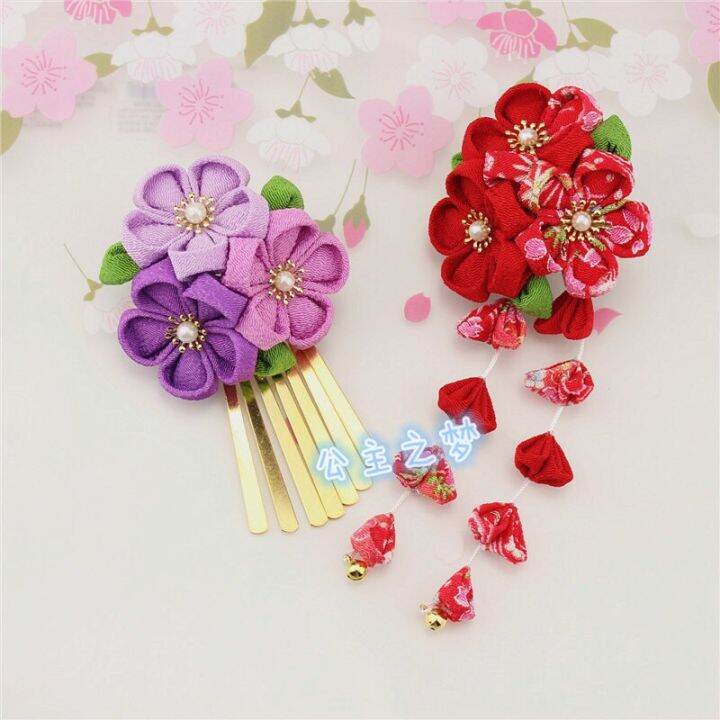 สไตล์ญี่ปุ่น-sakura-crape-kanzashi-เครื่องประดับผม-wisteria-tassels-ดอกไม้สีแดงสีชมพู-kimono-yukata-hairpin-อุปกรณ์เสริม-handmade