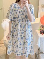 ✈℗ 2022 new nightdress womens spring and summer ultra-thin cool cotton silk pajamas short-sleeved cute Japanese Korean version of the mother style