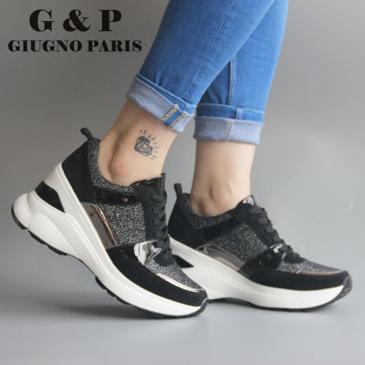 Leather Insole Chunky sneakers platform fashion shoes wedge 8cm platform high black bling thick soled sneakers with brand design