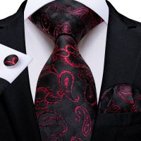 2022 Luxury Men 39;s Red Paisley Black Silk Tie Set Wedding Accessories Handkerchief Cufflinks Gifts For Men Wholesale DiBanGu