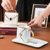 Creative Bag Shape Ceramic Cup + Saucer Golden Edge Design 310ml Tea Cup Set for Coffee Afternoon Tea with Spoon B99