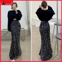 COD DSTGREYTRYT Miyo【Ready Stock】Women Casual Maxi Chiffon Mermaid Skirt / High Waist Black Polka Dot Long Skirt / Korean Style