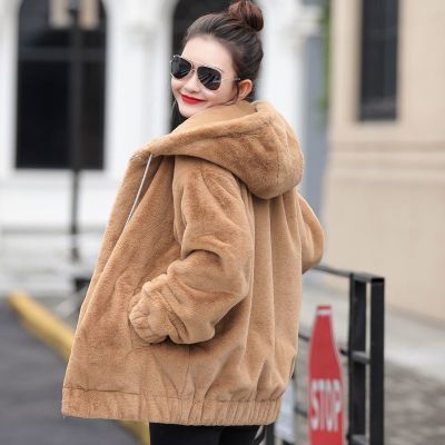 Womens Jacket 2022 Autumn and Winter New Plush Thickened Hoodie Coat Womens Korean Fashion Large Loose Plush Long Sleeved Hoodie