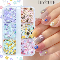 LILYCUTE ตกแต่งเล็บเลื่อมดอกไม้ฤดูใบไม้ผลิที่มีสีสันอุปกรณ์ตกแต่งเกล็ดสีทองสำหรับทำเล็บ