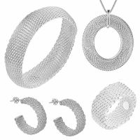 【lz】❣✔  925 Sterling Silver Woven Mesh Pingente Colar e Brincos para Mulheres Conjunto de Jóias Bonitas Festa de Casamento Anel Moda