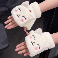 ฤดูหนาว WARM Soft กระต่ายขนสัตว์ถัก Mittens ผู้หญิง flip Half Finger Driving ถุงมือ Plush แมวน่ารัก fingerless thicken WARM mitten