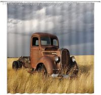 【CW】☬  Antique Car Shower Curtain Classic Old Truck on Field Rustic Farmhouse Fabric