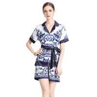 Womens two-piece set  blue and white porcelain, shining pink ceramic glaze print, imitation silk set with belt