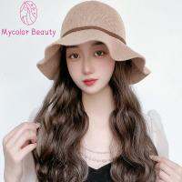 MYCOLOR ที่มีคุณภาพสูง ออล-อิน-วัน สีดำสีดำ การต่อผม สำหรับผู้หญิง ไฟเบอร์ทนความร้อน ฤดูร้อนฤดูร้อนฤดูร้อน ง่ายต่อการสวมใส่ ฤดูใบไม้ผลิฤดูใบไม้ผลิ ชิ้นผมธรรมชาติ วิกผมหมวกบังแดดติดโบว์ หมวกบักเก็ตผมปลอม วิกผมหมวกชาวประมง ผมคลื่นน้ำยาว