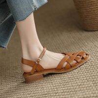 Really soft leather with a word in baotou sandals women flat soft bottom new summer skirt with antiskid Roman shoes