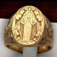 Hot HOYON Elegant Unisex 14K สีเหลืองทองสีแหวนผู้ชายเครื่องประดับของขวัญ Virgin Mary Blessing Badge มือแกะสลักศาสนา Ring