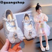 guangshop Rhinestone Bowknot หญิงหนังแบนรองเท้าไข่มุก Soft Sole Shining เด็กรองเท้าเจ้าหญิงสำหรับงานแต่งงาน3-16ปี T22N07CC-21