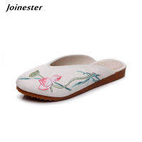 Ethnic Summer Slippers for Women Lotus Embroidery Vintage Mules Ladies Flat Heeled Slides Female Outdoor Backless Sandals