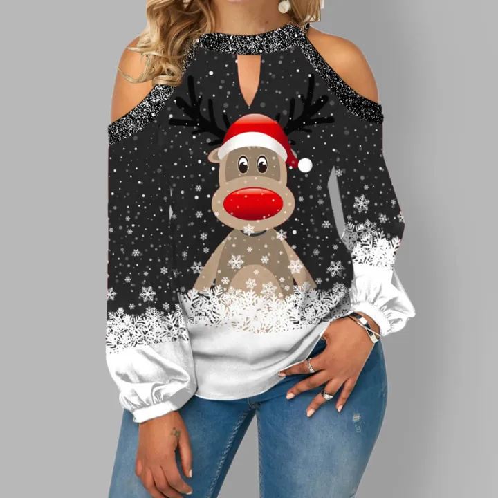 2021-autumn-christmas-snowman-print-women-t-shirt-y-shoulder-halter-harajuku-fashion-streetwear-lady-elegant-long-sleeve-top