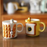 【CW】Cute Cat Ceramic Mug Embossed Toast Baguette Coffee Cup Ins Photo Props Cafe Breakfast Milk Oatmeal Cup Lovely Birthday Gift