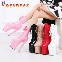 ﺴ□ Sexy Women Shoes Ankle Boots INS Style 20CM Extreme High Heels Platform Boots Lace Up Sexy Pole Dancing Ankle Boots Side Zip