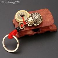 Pure Handmade Brass Lucky Cat Car Keychain Lucky Cat Five Emperors Money Keychain Feng Shui Coins Solid Lucky Key Rings