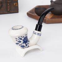 RU MuXiang Chinese Style Ceramic Pipe    Tobacco Pipe and Stand Set    Cyan and White Ceramic Products    9mm Filter Cartridge Pipes