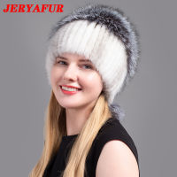 JERYAFUR Womens Fur Hats Fluffy Winter Warm Knitted Natural Mink Fur Hats Fashion Top Hats Womens Natural Fur Hats