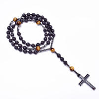 Vintage Lava Stone Tiger Eye Onyx Hematite Cross Pendant Men Necklace Catholic Christ Rosary Necklaces Meditation Energy Jewelry