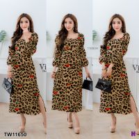 B11650 เดรสยาวปาดไหล่ลายเสือเชอรี่ Long sleeve off the shoulder cherry print dress