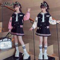 AMILA เสื้อแจ็กเก็ต2ชิ้นแฟชั่นสไตล์เกาหลี,ชุด Preppy Jaket Baseball + กระโปรงมีจีบ