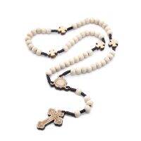 White Wooden Beads Cross Necklace Religious Jewelry Catholic Rosary Necklace Orthodox Christ Prayer Beaded Necklace Dropshipping Fashion Chain Necklac