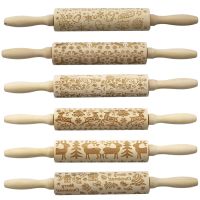 Christmas Elk Printed Rolling Pin Wooden Laser Engraved Embossed Rolling Pin Cookie Dough Stick Baking Biscuit Cake Roller35*4cm Bread  Cake Cookie Ac