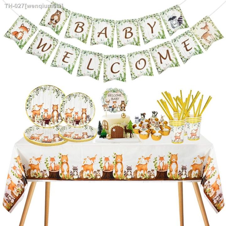 jungle-animal-fox-sika-deer-disposable-tableware-birthday-party-decoration-forest-safari-theme-birthday-baby-shower-supplies