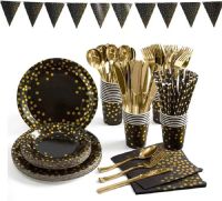 【JIU YU】▪▼◙  Preto ouro dot toalha de mesa placa preta copo festa aniversário elegante talheres descartáveis festa de casamento do ano novo fontes do chá de fraldas