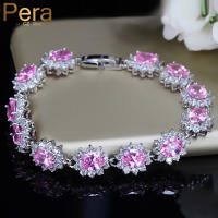 Pera Elegant Silver Plated Light Pink Cluster Flower Shape Big Cubic Zirconia Stone Jewelry celets Bangles for Women B013