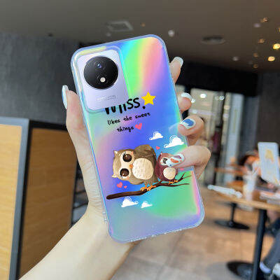 GGK เคสสำหรับ VIVO Y02A Y02T ลายการ์ตูนสัตว์นกฮูกกวางเอลค์เลเซอร์สีรุ้งเคสมือถือโปร่งแสงนิ่ม TPU อัลตร้าสลิมเคสกันกระแทกขอบบัตรเลเซอร์ในอาคารมีสีสัน