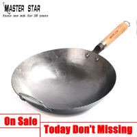 Master Star กระทะเหล็กคาร์บอนจีนพร้อมหู Handmade Hammering กระทะเหล็กขนาดใหญ่ Non-Stick Non-Coating Healthy Wok เครื่องครัวแก๊ส