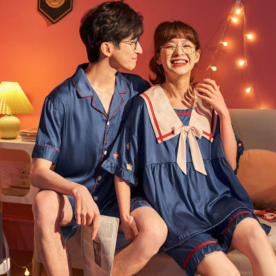 Summer Couples Pajamas Women Men Silk Cartoon Sleepwear Pyjamas Loose Homewear Lovers Nightgowns Ice Silk Pajama Sets 2pcs